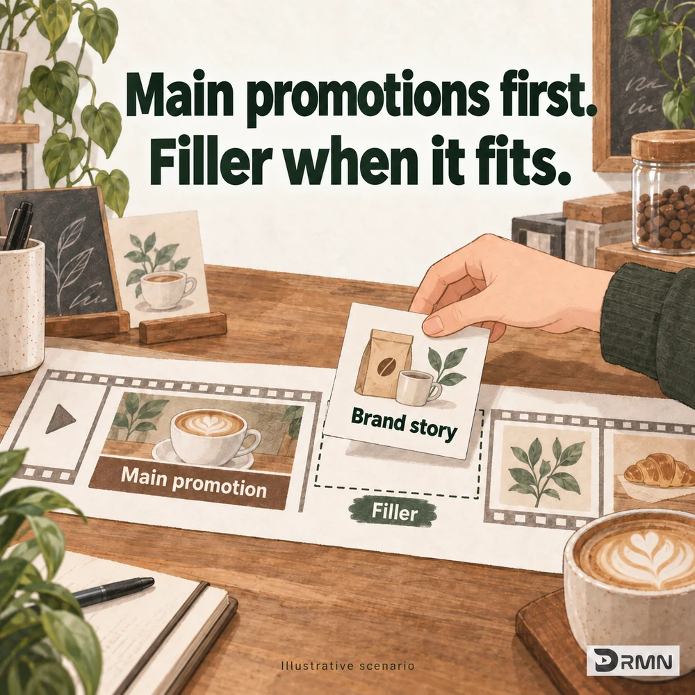 A hand places a brand-story card into a dashed gap after the main promotion, illustrating filler content that fits the remaining time.