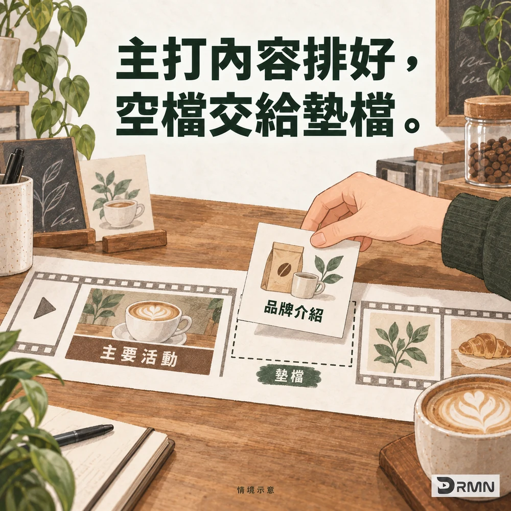 手將品牌介紹卡片放進主要活動後的虛線空檔，示意可容納的墊檔位置。