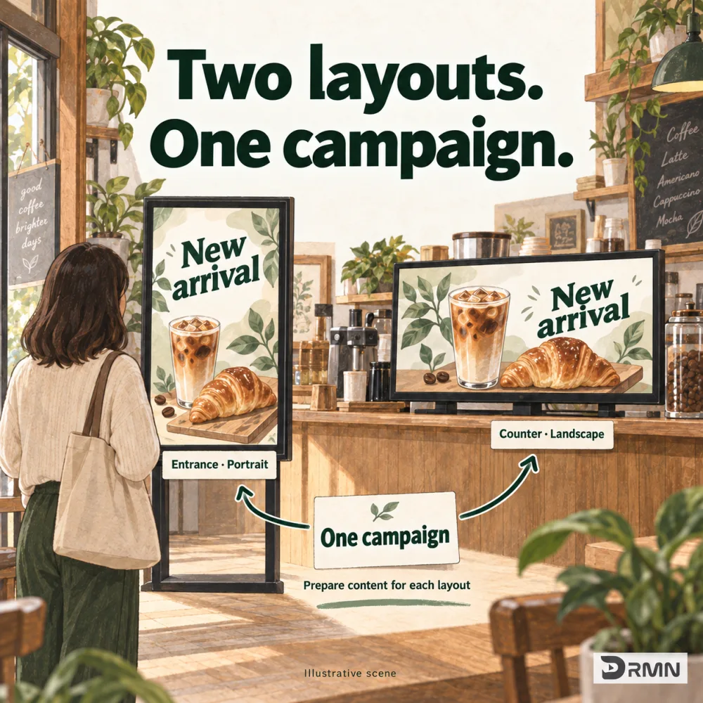 Illustration of one campaign linked to a portrait entrance screen and a landscape counter screen for the same promotion.