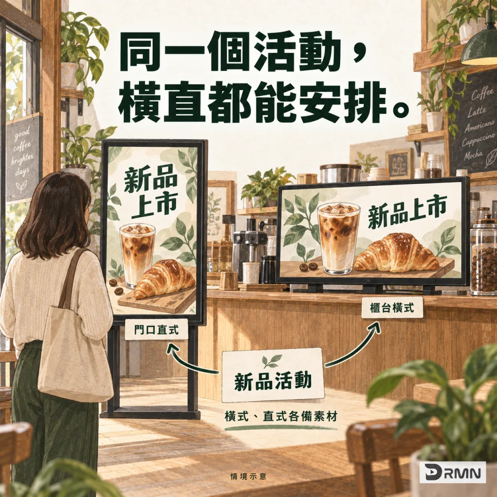 一份活動連結門口直式與櫃台橫式螢幕，兩種版型呈現同一檔新品的插畫。