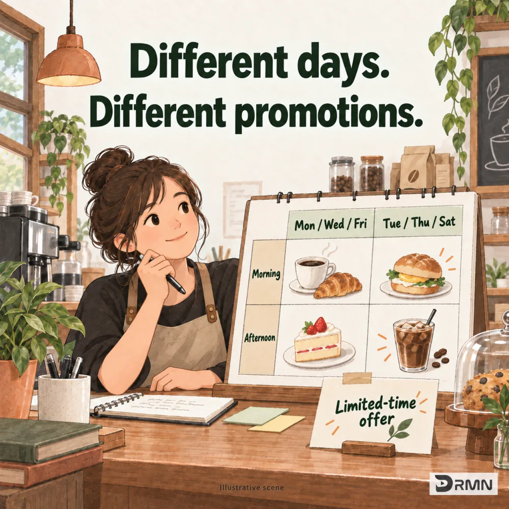 Illustration of a store scheduler planning different promotions by weekday and morning or afternoon.