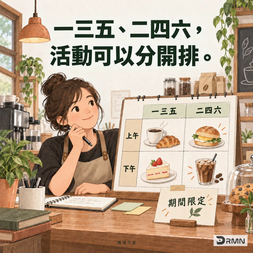 門市排播人員以星期與上午、下午規劃不同主推商品的插畫。
