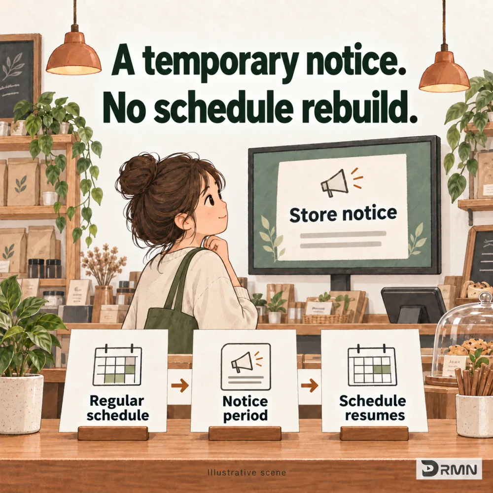 Illustration of a store notice and three stages: regular schedule, notice period and applicable schedule resuming.