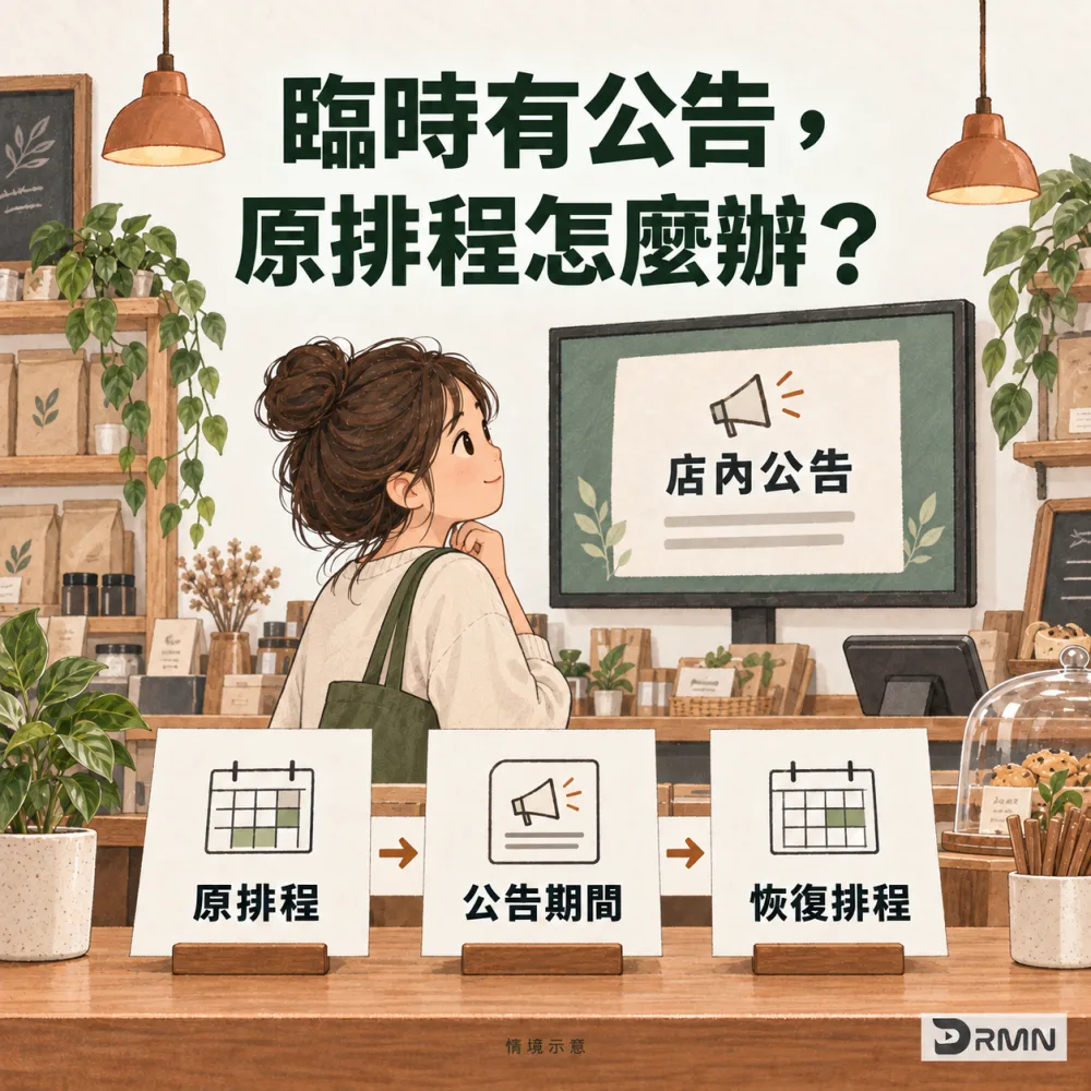 店員安排臨時門市公告，示意一般內容、公告期間與恢復適用排播三個階段。