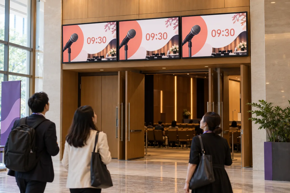 Three screens at one conference venue entrance each show the complete 09:30 session announcement. Illustrative synced playback.
