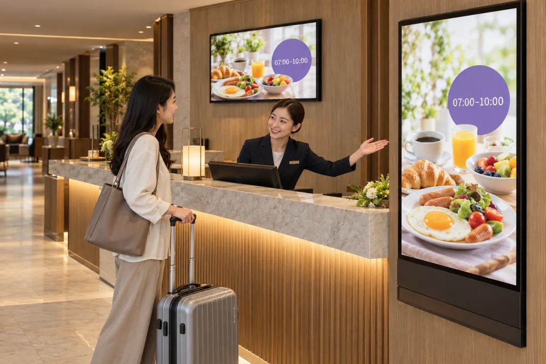 A hotel guest and receptionist refer to portrait and landscape screens, each showing a complete breakfast image and the service time 07:00–10:00. Illustrative scene.