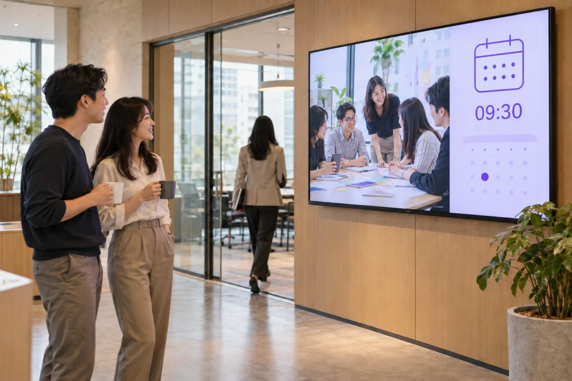 Colleagues in an office look at a screen with team workshop imagery and the time 09:30. Illustrative workplace communication, not a customer case study.