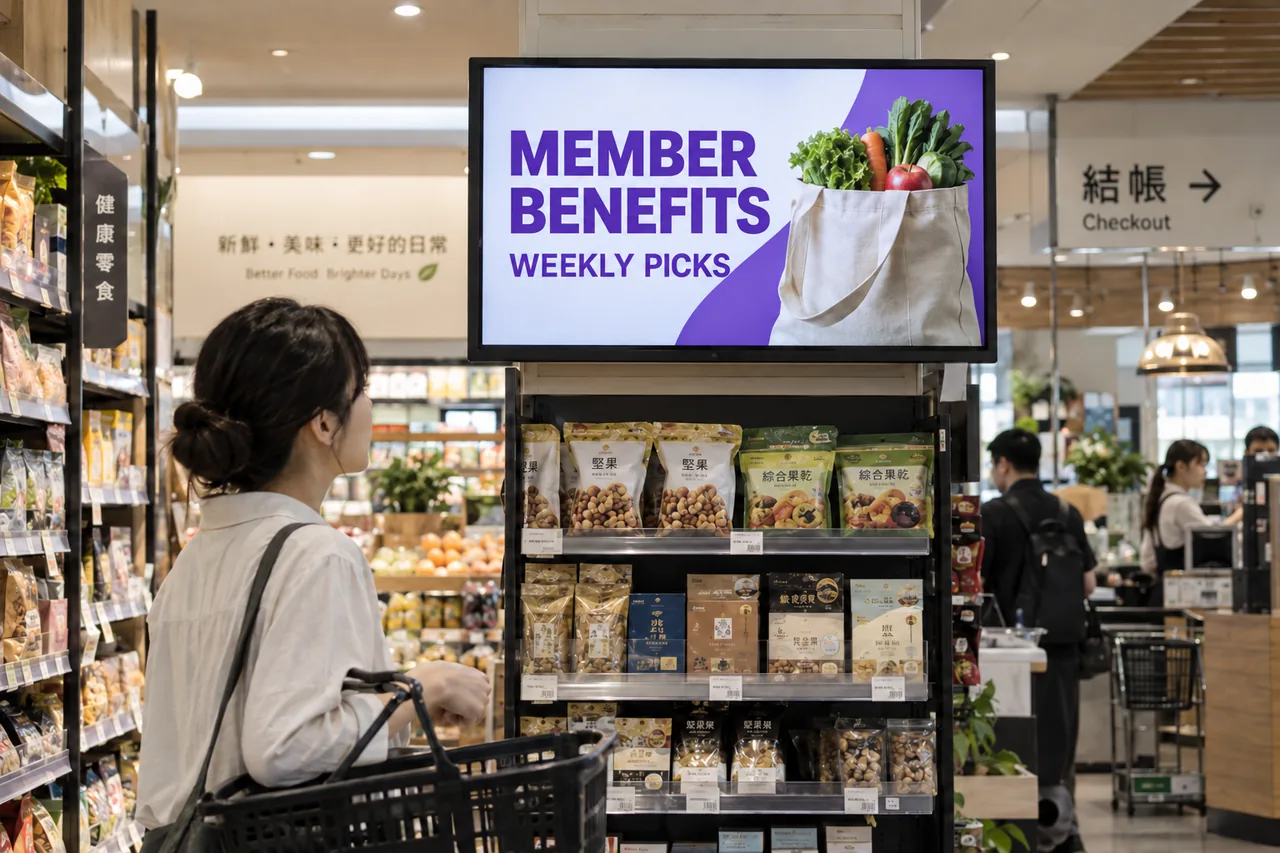 A supermarket shopper looks at a member-benefits display, illustrating a store promotion shown in available ad-loop time