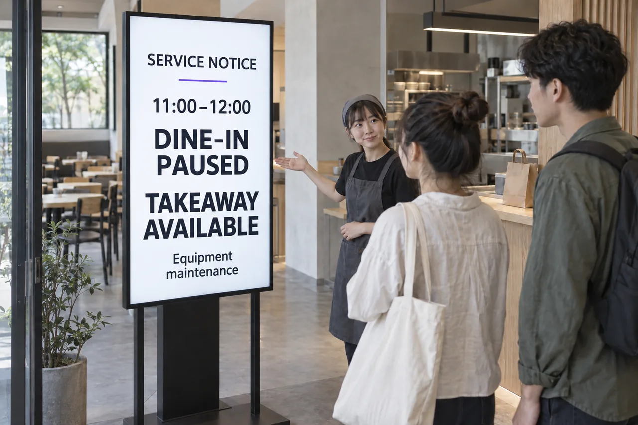 At a restaurant entrance, a screen announces equipment maintenance from 11:00 to 12:00, with dine-in paused and takeaway available. A staff member points arriving customers to the notice. Illustrative scene.