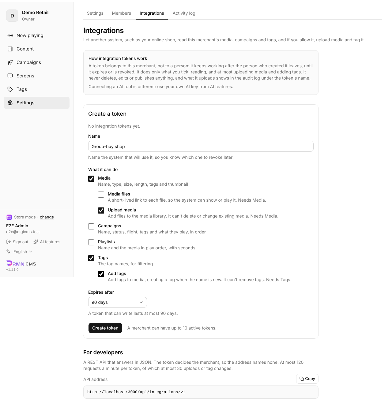 Creating a token in the CMS under Settings → Integrations
